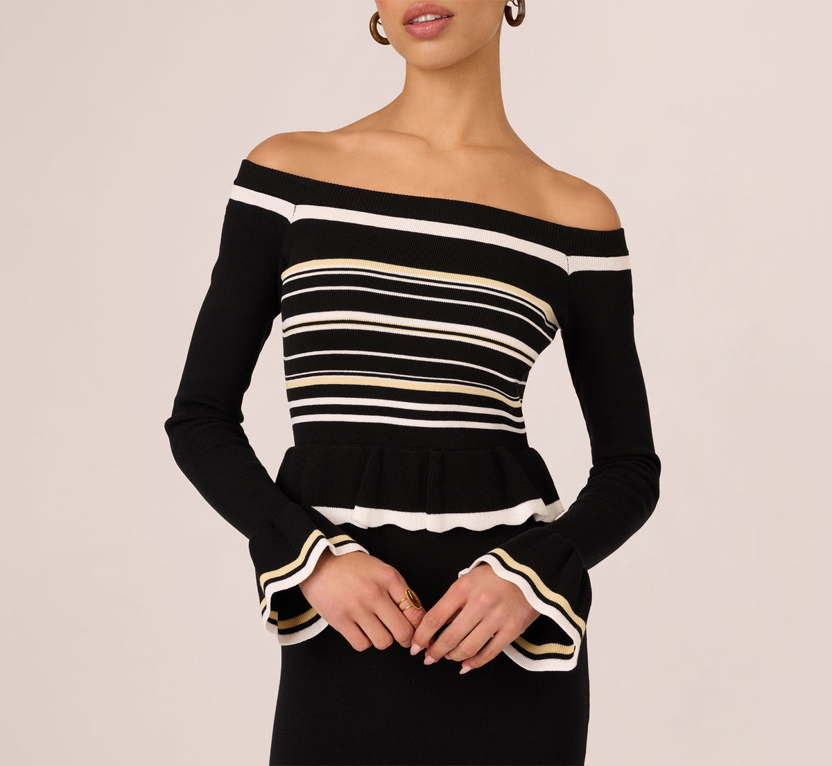 Off Shoulder Bell Sleeve Stretch Midi Dress - Ivory Black | Adrianna Papell