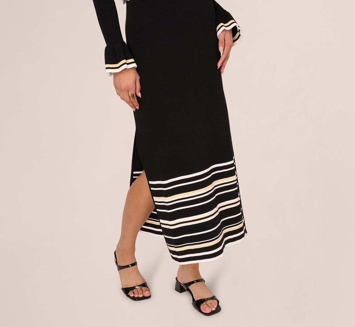 Off Shoulder Bell Sleeve Stretch Midi Dress - Ivory Black | Adrianna Papell