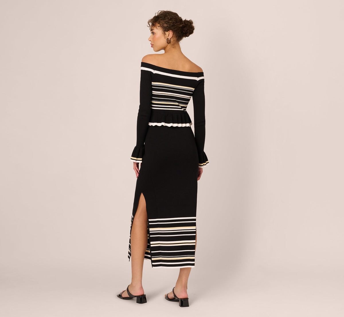 Off Shoulder Bell Sleeve Stretch Midi Dress - Ivory Black | Adrianna Papell
