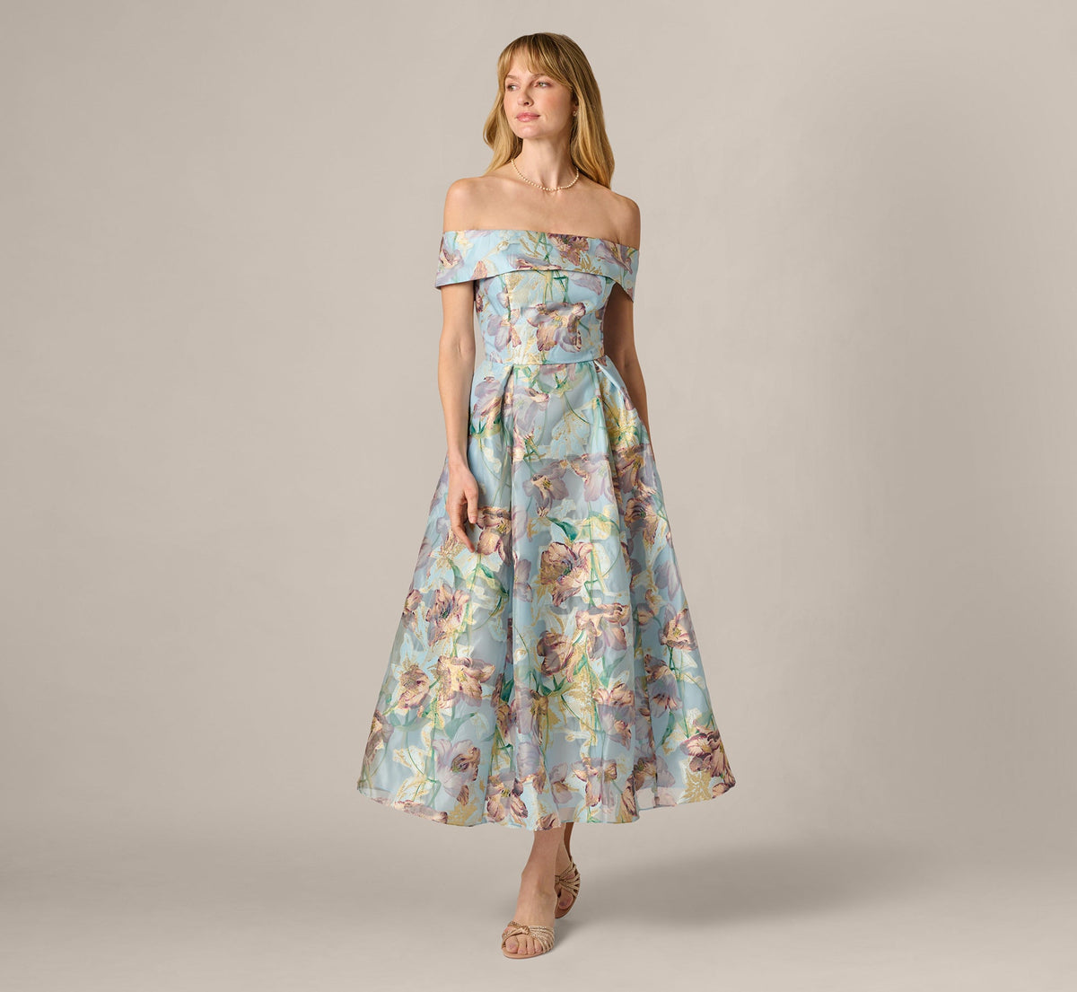 Off Shoulder Watercolor Floral Jacquard Ankle Dress - Blue Multi | Adrianna Papell