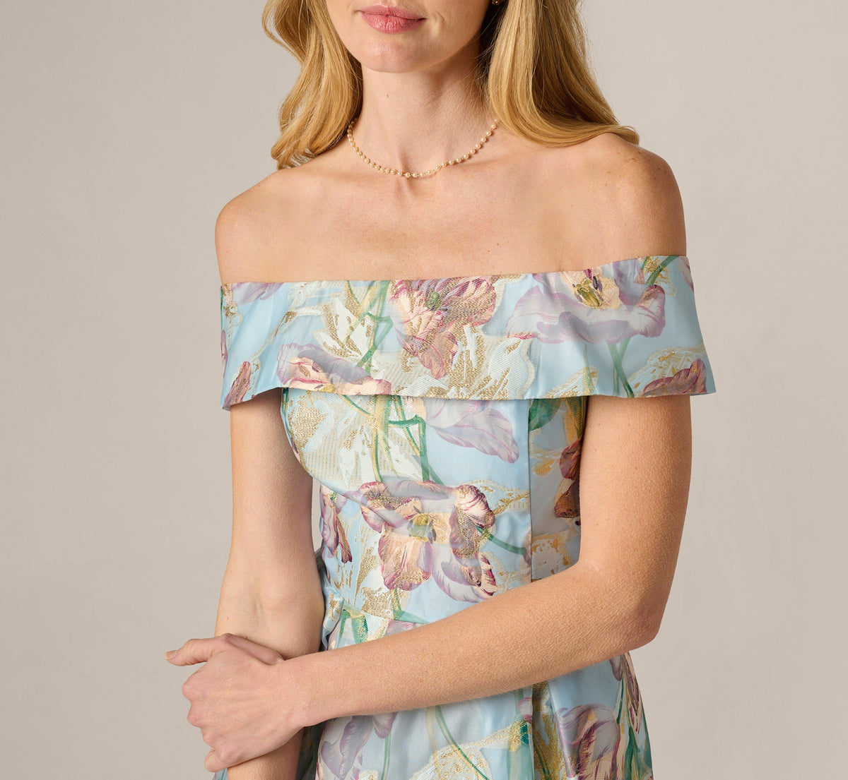 Off Shoulder Watercolor Floral Jacquard Ankle Dress - Blue Multi | Adrianna Papell