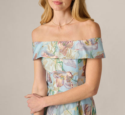 Off Shoulder Watercolor Floral Jacquard Ankle Dress - Blue Multi | Adrianna Papell