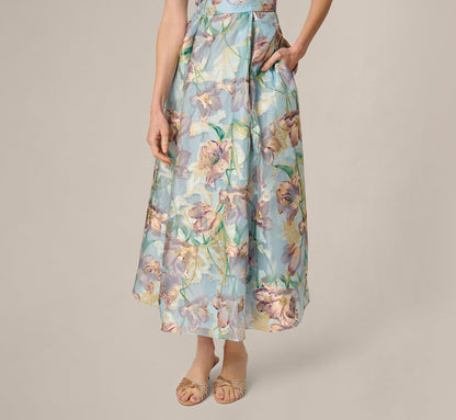 Off Shoulder Watercolor Floral Jacquard Ankle Dress - Blue Multi | Adrianna Papell