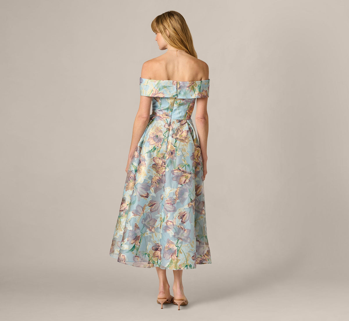 Off Shoulder Watercolor Floral Jacquard Ankle Dress - Blue Multi | Adrianna Papell
