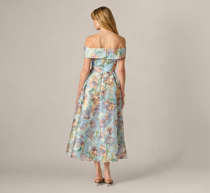 Off Shoulder Watercolor Floral Jacquard Ankle Dress - Blue Multi | Adrianna Papell