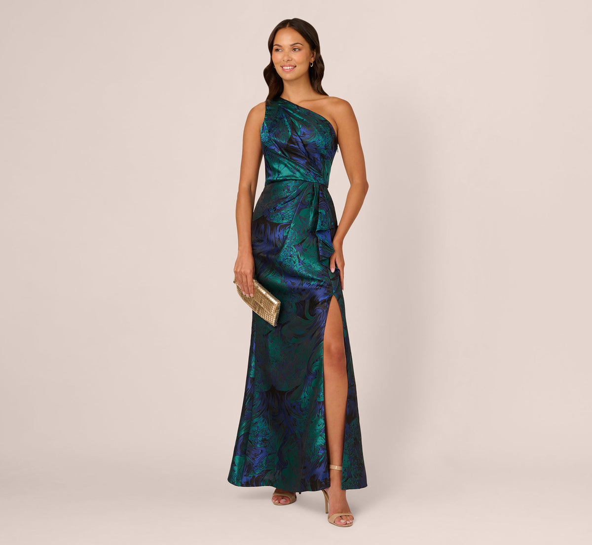 One Shoulder Jacquard Mermaid Gown With Drape Detail - Cobalt Teal | Adrianna Papell