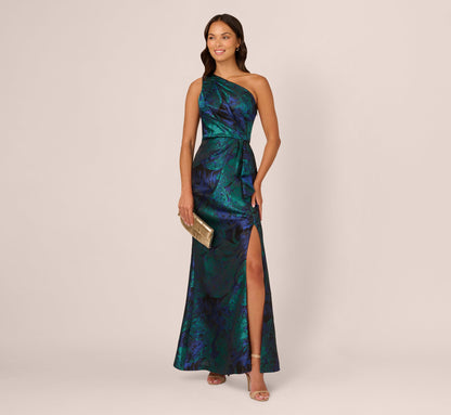 One Shoulder Jacquard Mermaid Gown With Drape Detail - Cobalt Teal | Adrianna Papell