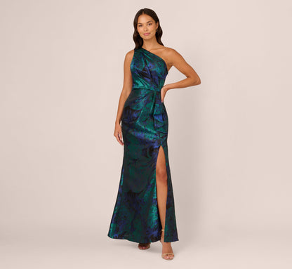 One Shoulder Jacquard Mermaid Gown With Drape Detail - Cobalt Teal | Adrianna Papell