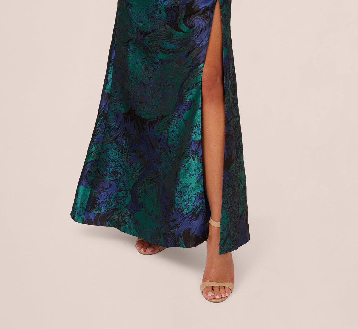 One Shoulder Jacquard Mermaid Gown With Drape Detail - Cobalt Teal | Adrianna Papell
