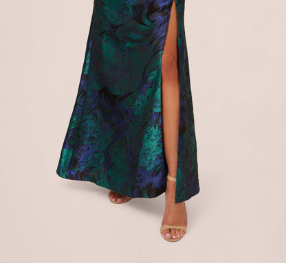 One Shoulder Jacquard Mermaid Gown With Drape Detail - Cobalt Teal | Adrianna Papell