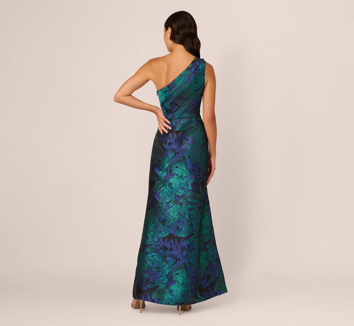 One Shoulder Jacquard Mermaid Gown With Drape Detail - Cobalt Teal | Adrianna Papell