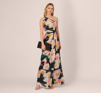 Floral Print Chiffon Gown With One Shoulder Neckline - Black Blush Multi | Adrianna Papell