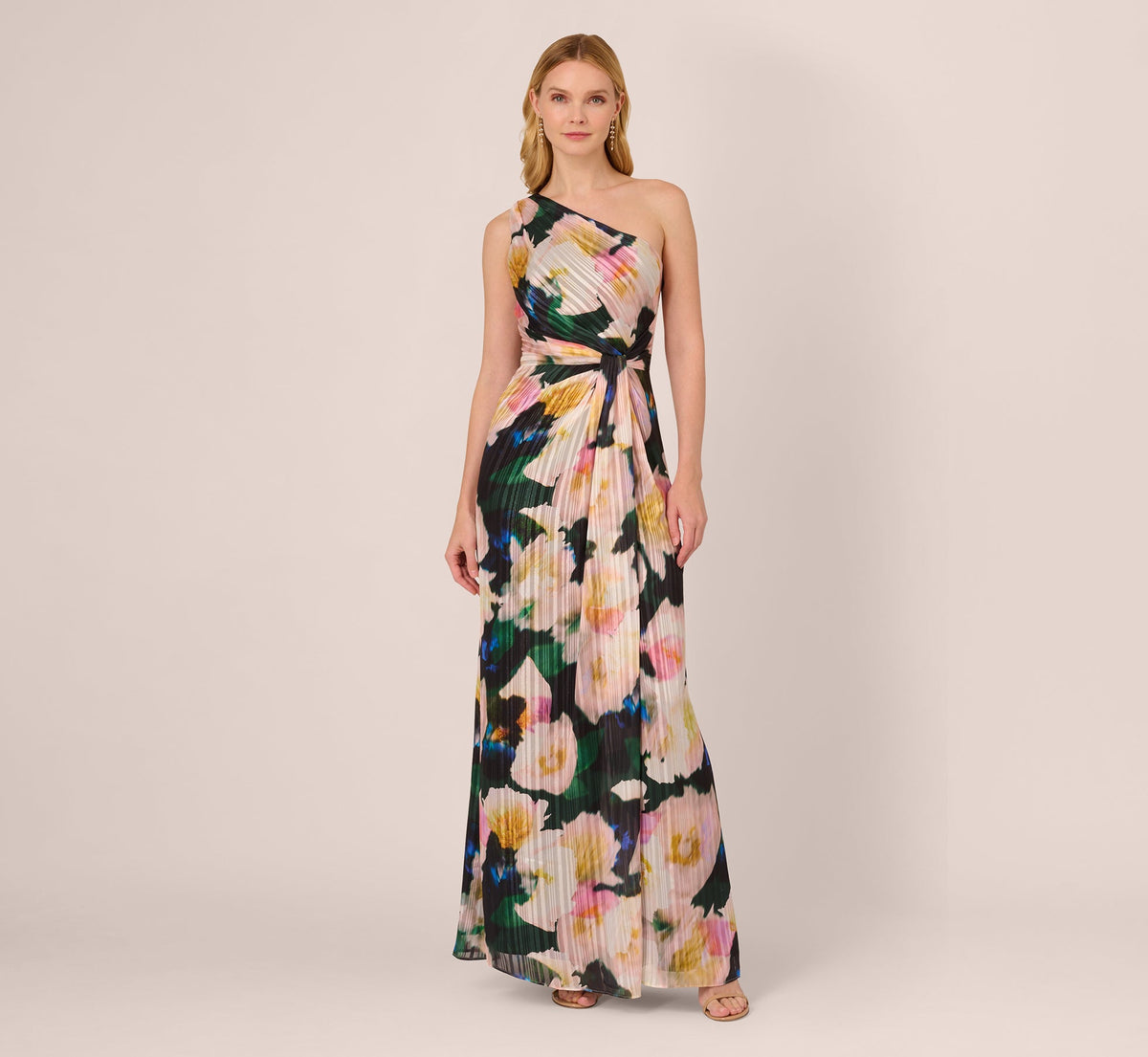 Floral Print Chiffon Gown With One Shoulder Neckline - Black Blush Multi | Adrianna Papell