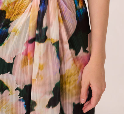 Floral Print Chiffon Gown With One Shoulder Neckline - Black Blush Multi | Adrianna Papell