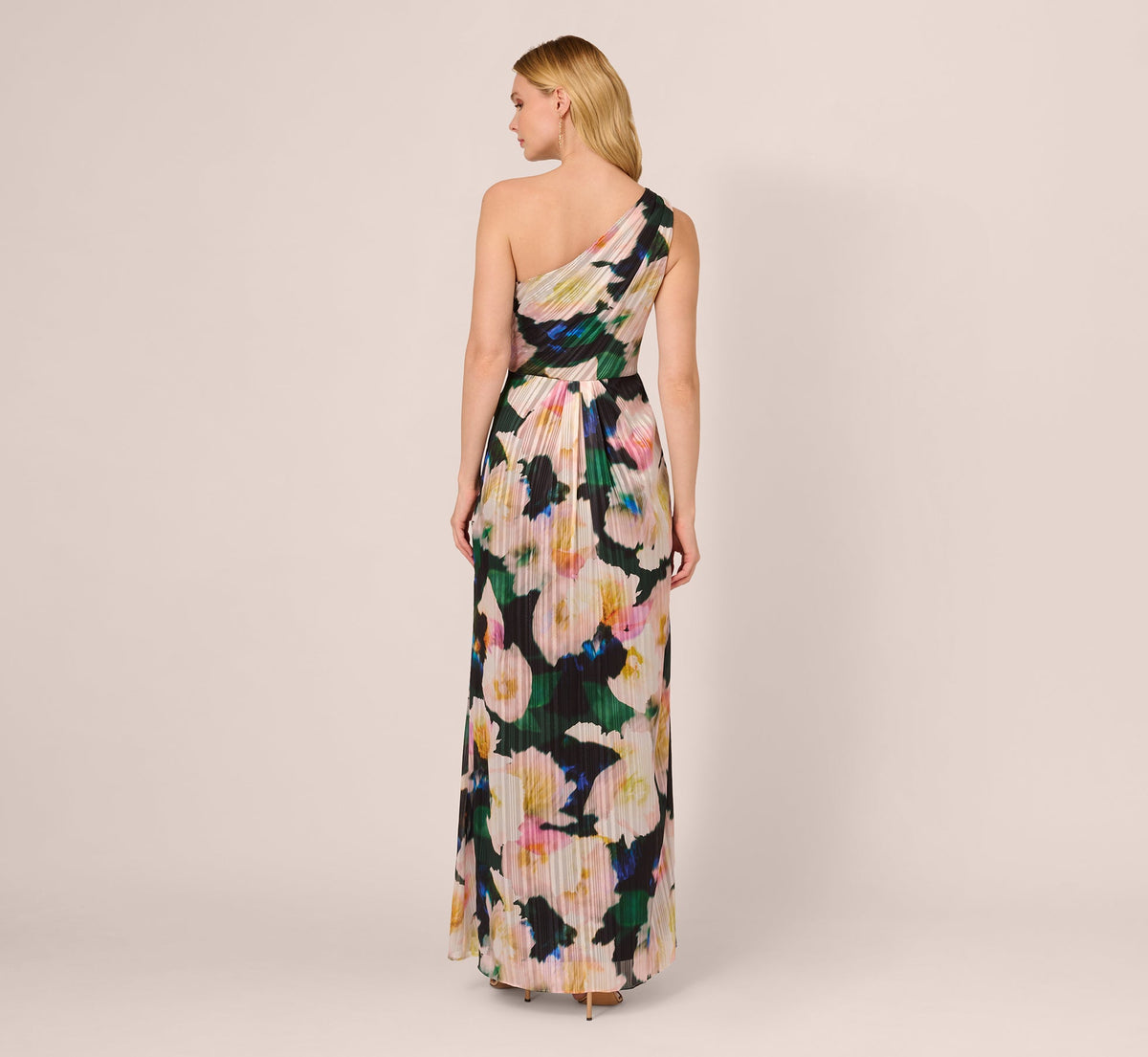 Floral Print Chiffon Gown With One Shoulder Neckline - Black Blush Multi | Adrianna Papell