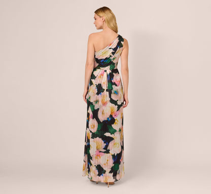 Floral Print Chiffon Gown With One Shoulder Neckline - Black Blush Multi | Adrianna Papell