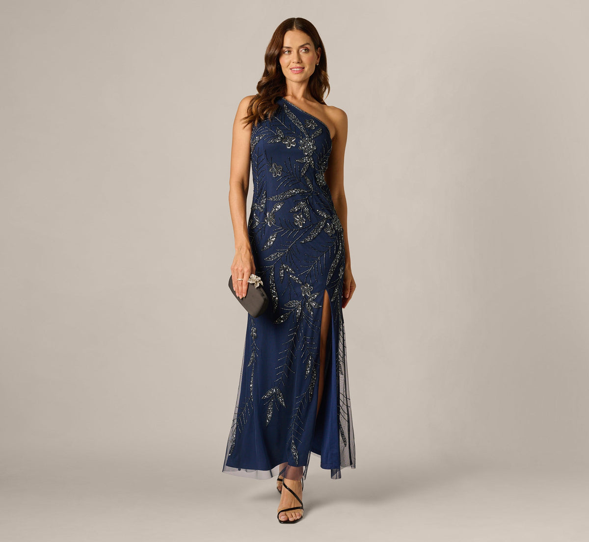 One Shoulder Floral Sequin Bead Gown - Light Navy | Adrianna Papell