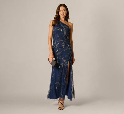 One Shoulder Floral Sequin Bead Gown - Light Navy | Adrianna Papell