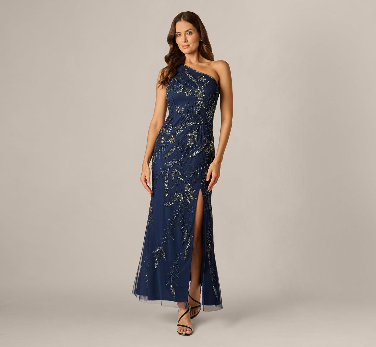 One Shoulder Floral Sequin Bead Gown - Light Navy | Adrianna Papell