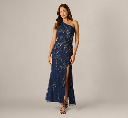 One Shoulder Floral Sequin Bead Gown - Light Navy | Adrianna Papell