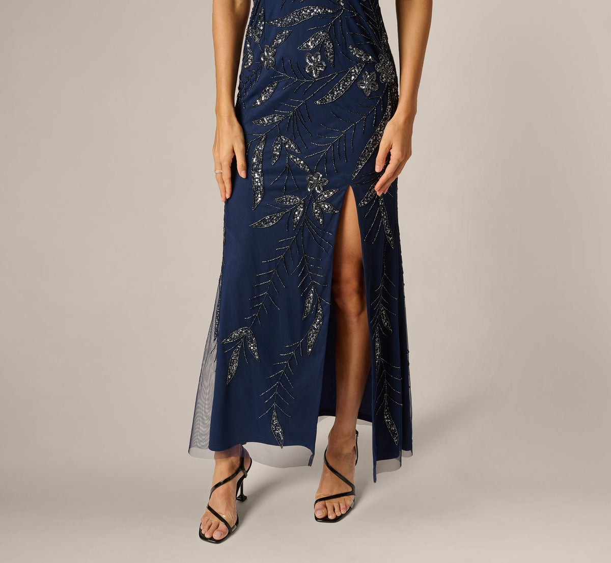One Shoulder Floral Sequin Bead Gown - Light Navy | Adrianna Papell