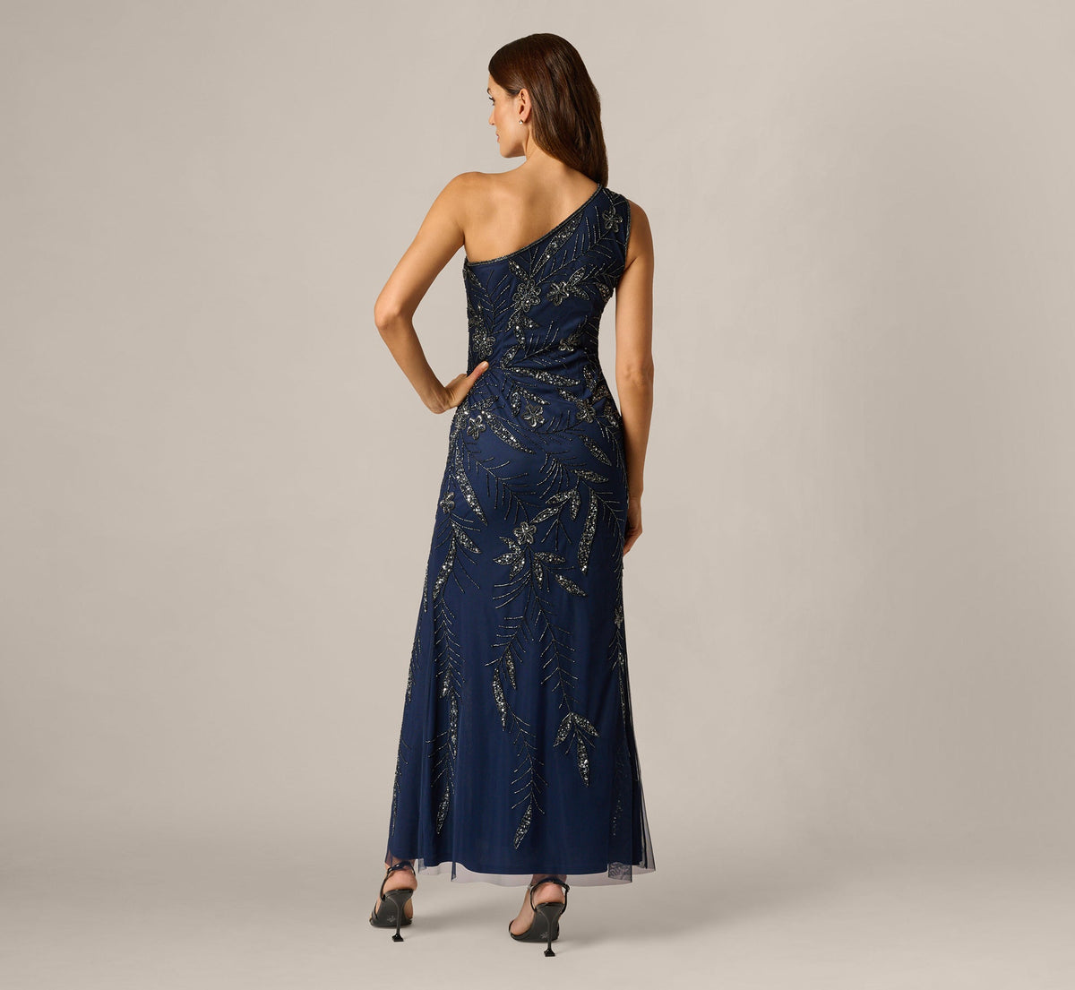 One Shoulder Floral Sequin Bead Gown - Light Navy | Adrianna Papell