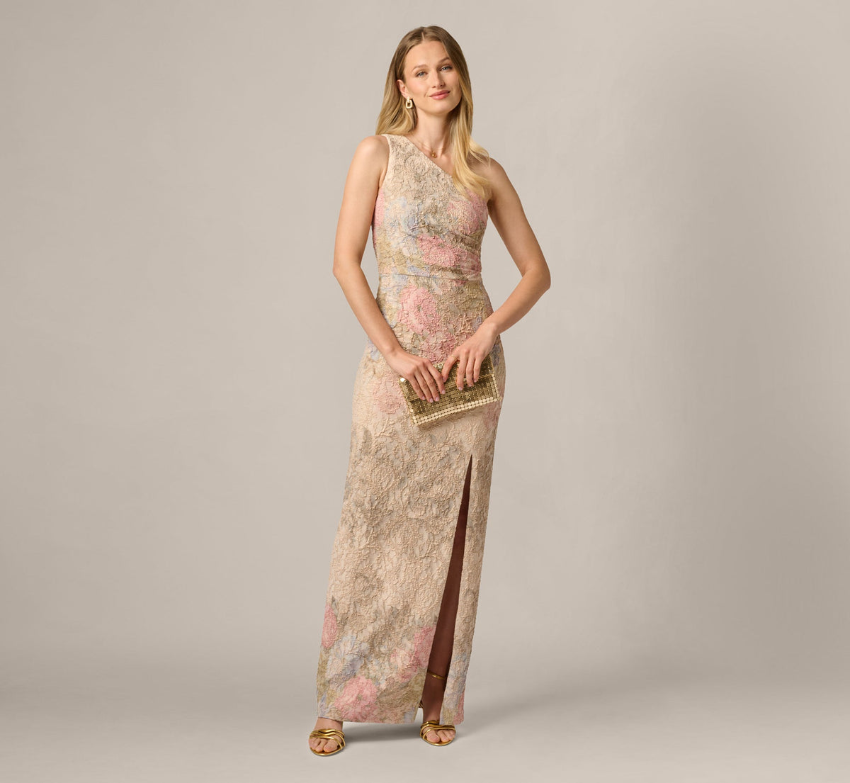 One Shoulder Floral Matelasse Column Gown - Blush Multi | Adrianna Papell