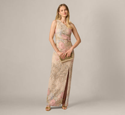 One Shoulder Floral Matelasse Column Gown - Blush Multi | Adrianna Papell