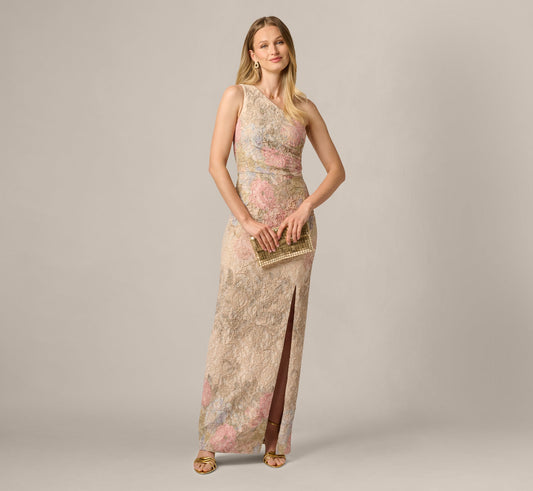 One Shoulder Floral Matelasse Column Gown - Blush Multi | Adrianna Papell