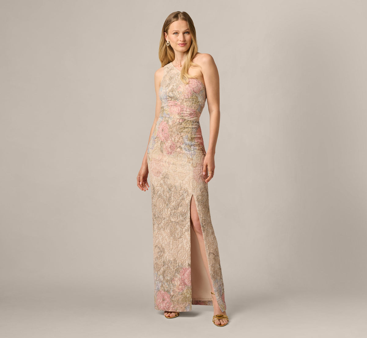 One Shoulder Floral Matelasse Column Gown - Blush Multi | Adrianna Papell