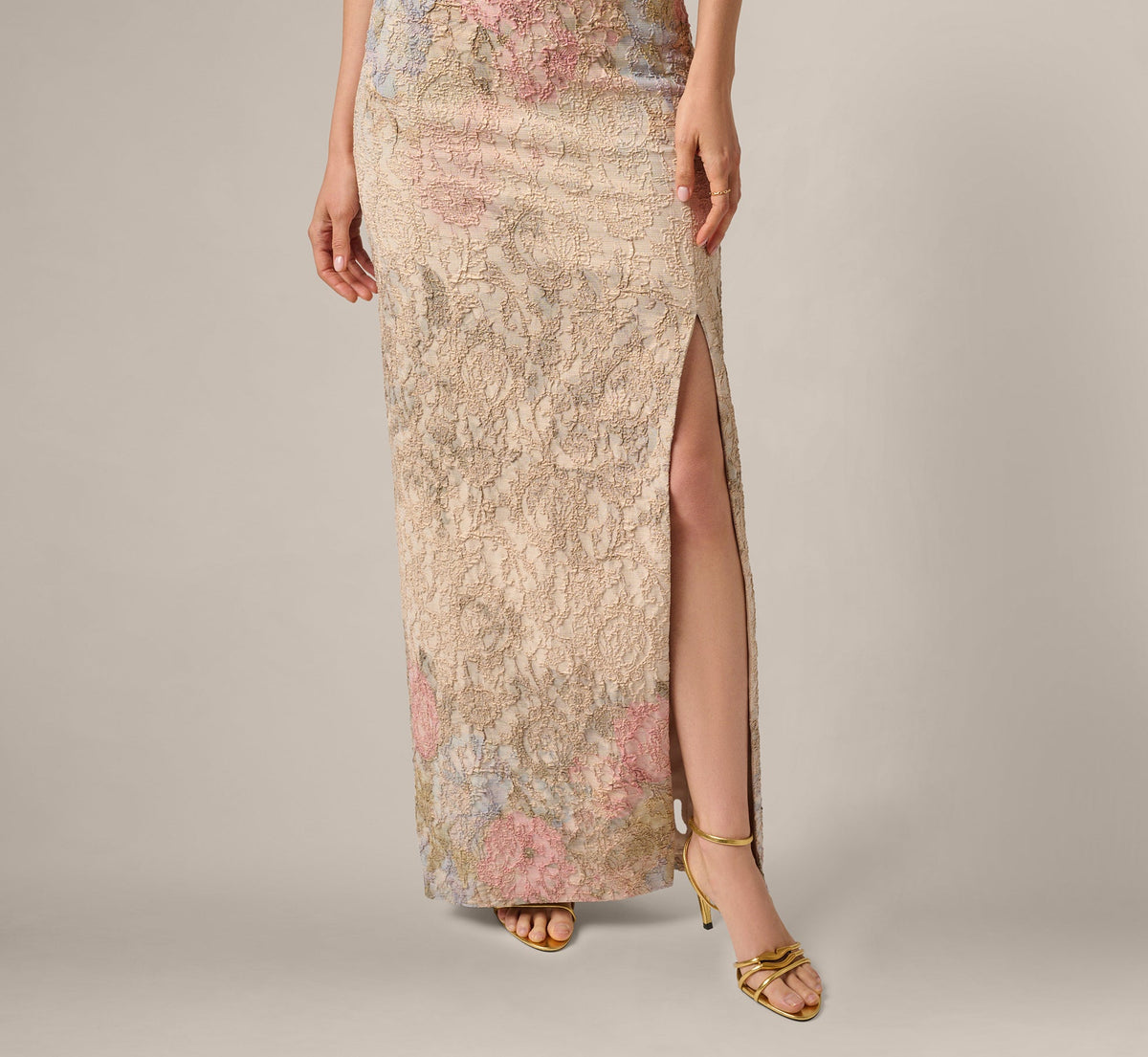 One Shoulder Floral Matelasse Column Gown - Blush Multi | Adrianna Papell