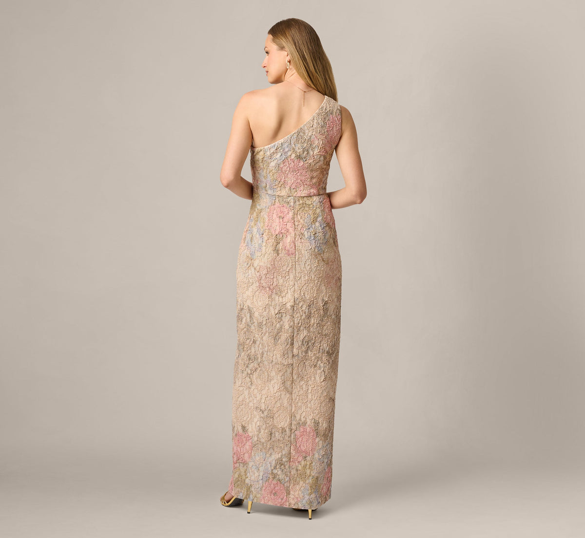 One Shoulder Floral Matelasse Column Gown - Blush Multi | Adrianna Papell