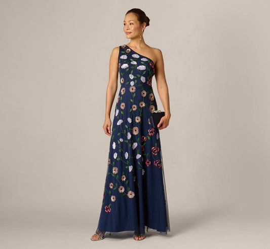 One Shoulder Floral Garden Beaded Gown - Navy Multi | Adrianna Papell