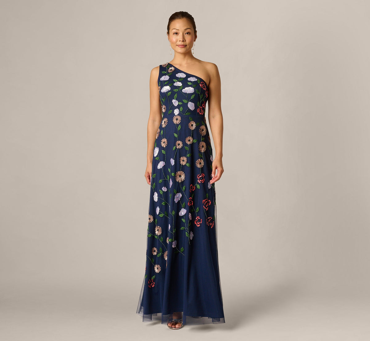 One Shoulder Floral Garden Beaded Gown - Navy Multi | Adrianna Papell
