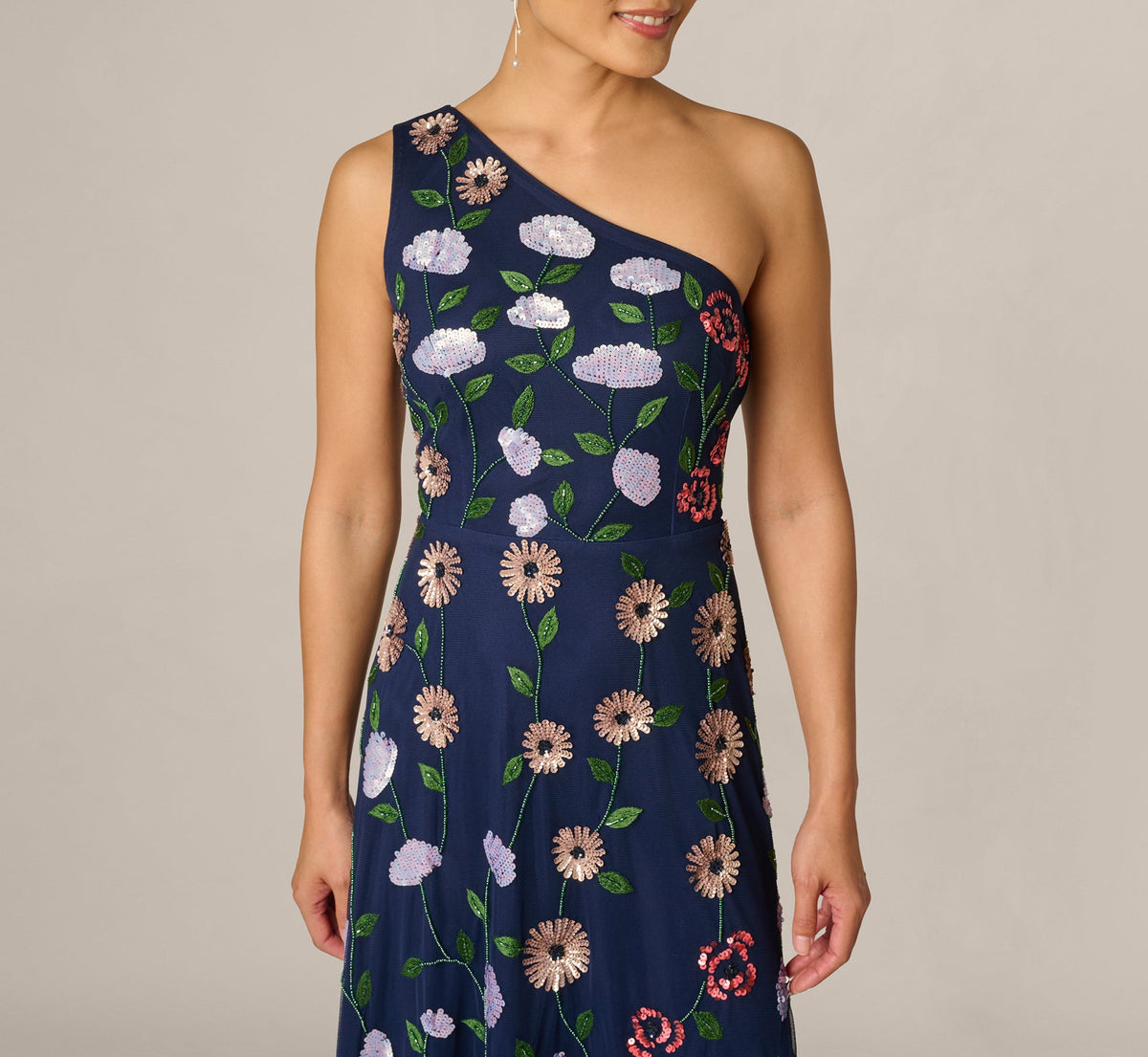 One Shoulder Floral Garden Beaded Gown - Navy Multi | Adrianna Papell