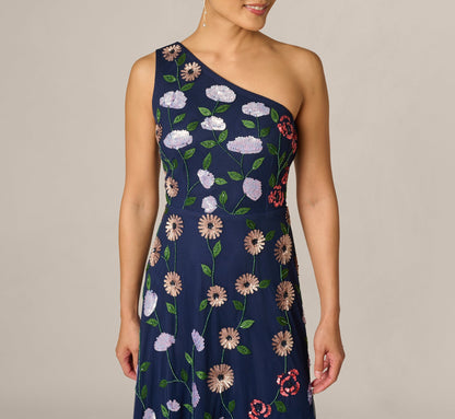 One Shoulder Floral Garden Beaded Gown - Navy Multi | Adrianna Papell
