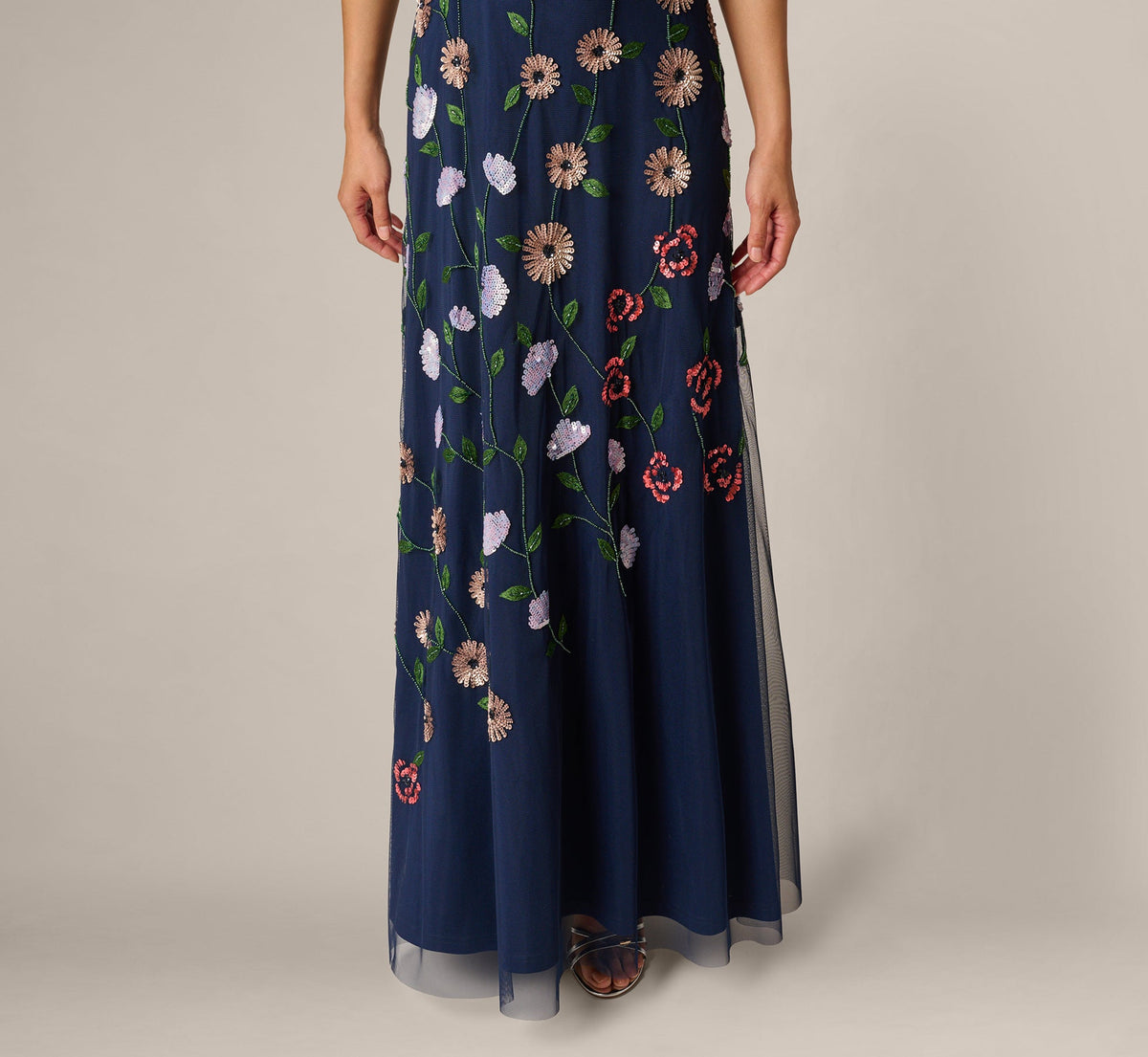 One Shoulder Floral Garden Beaded Gown - Navy Multi | Adrianna Papell