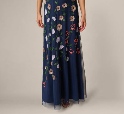 One Shoulder Floral Garden Beaded Gown - Navy Multi | Adrianna Papell
