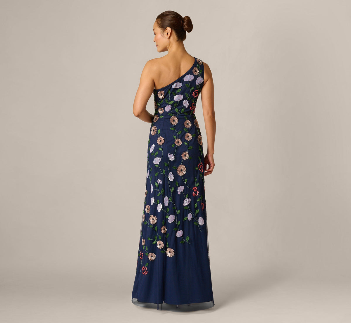 One Shoulder Floral Garden Beaded Gown - Navy Multi | Adrianna Papell