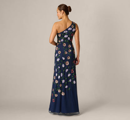 One Shoulder Floral Garden Beaded Gown - Navy Multi | Adrianna Papell