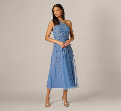 One Shoulder 3D Floral Beaded Ankle Dress - French Blue | Adrianna Papell