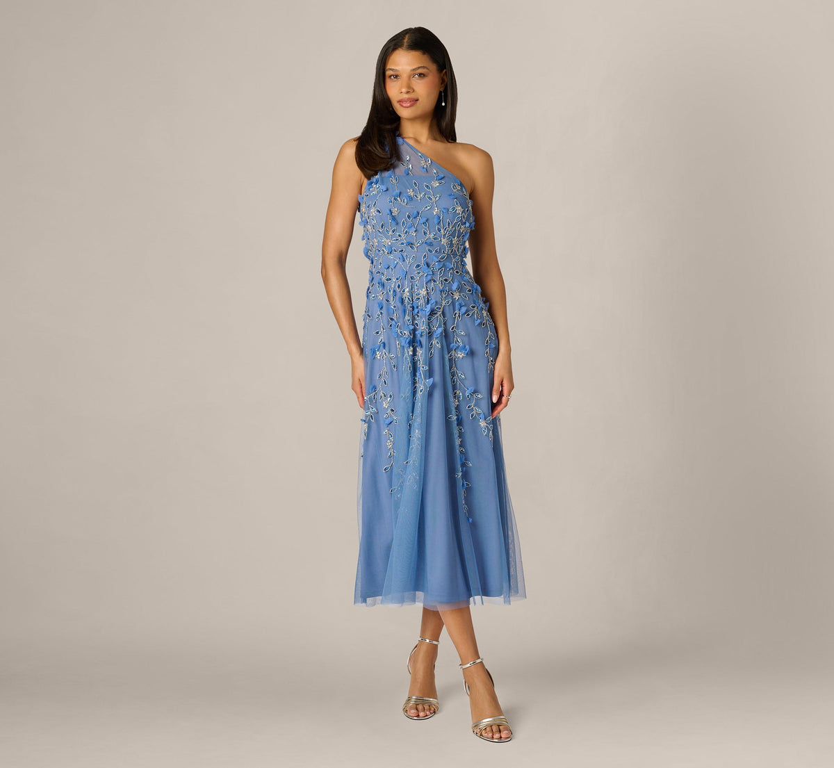 One Shoulder 3D Floral Beaded Ankle Dress - French Blue | Adrianna Papell