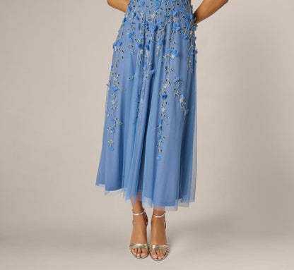 One Shoulder 3D Floral Beaded Ankle Dress - French Blue | Adrianna Papell