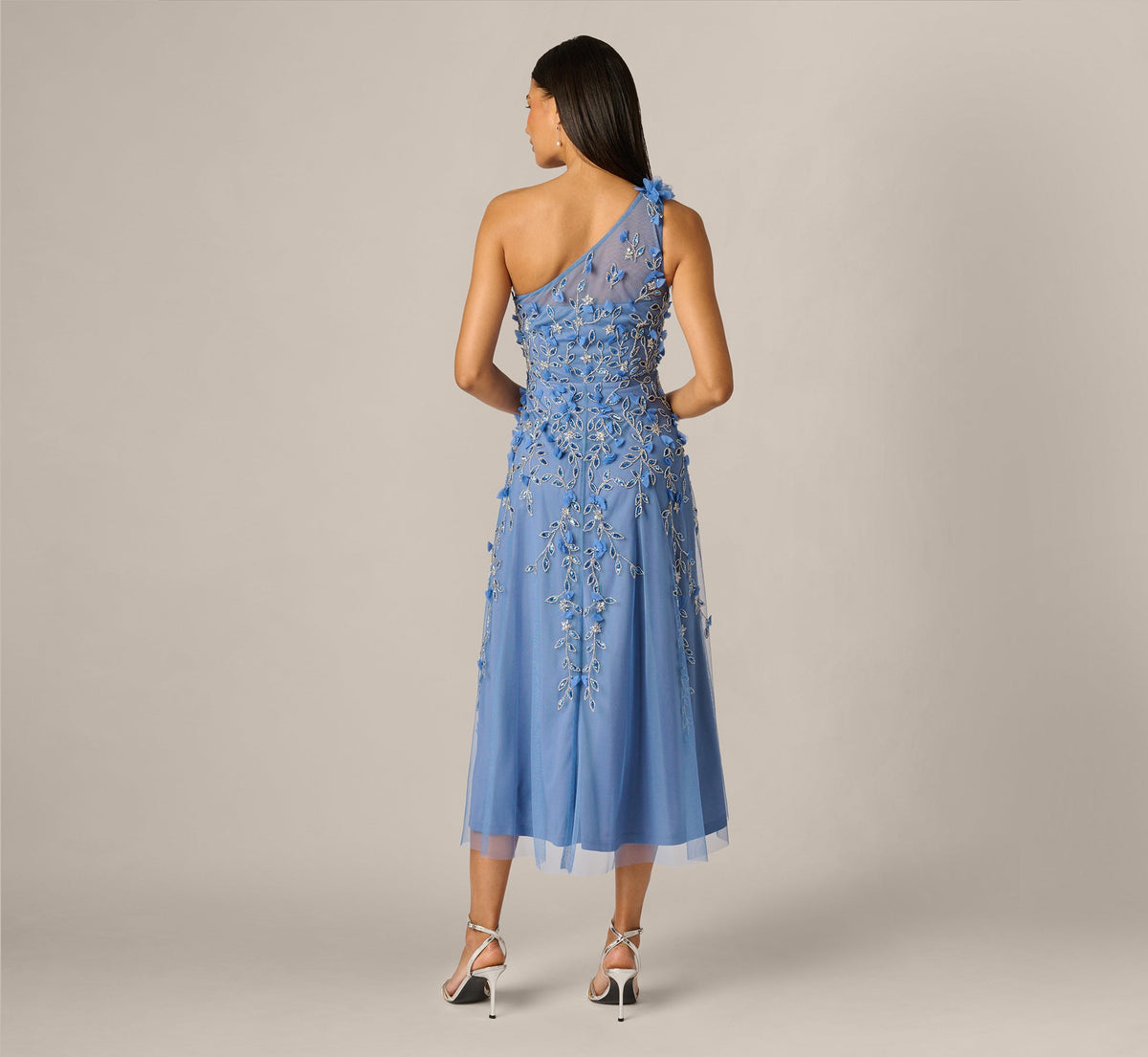 One Shoulder 3D Floral Beaded Ankle Dress - French Blue | Adrianna Papell