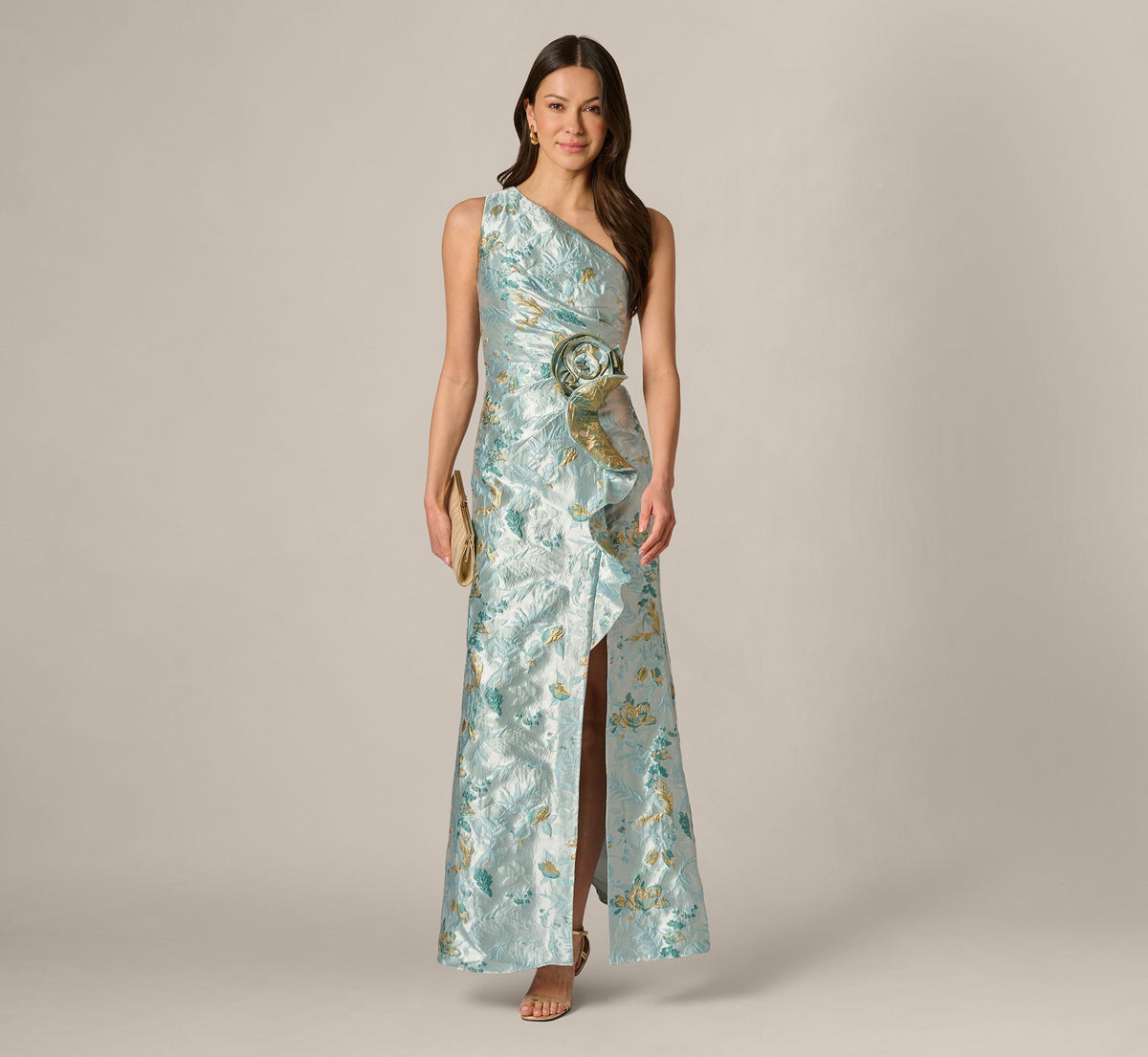 One Shoulder Floral Jacquard Rosette Gown - Blue Multi | Adrianna Papell