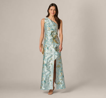 One Shoulder Floral Jacquard Rosette Gown - Blue Multi | Adrianna Papell