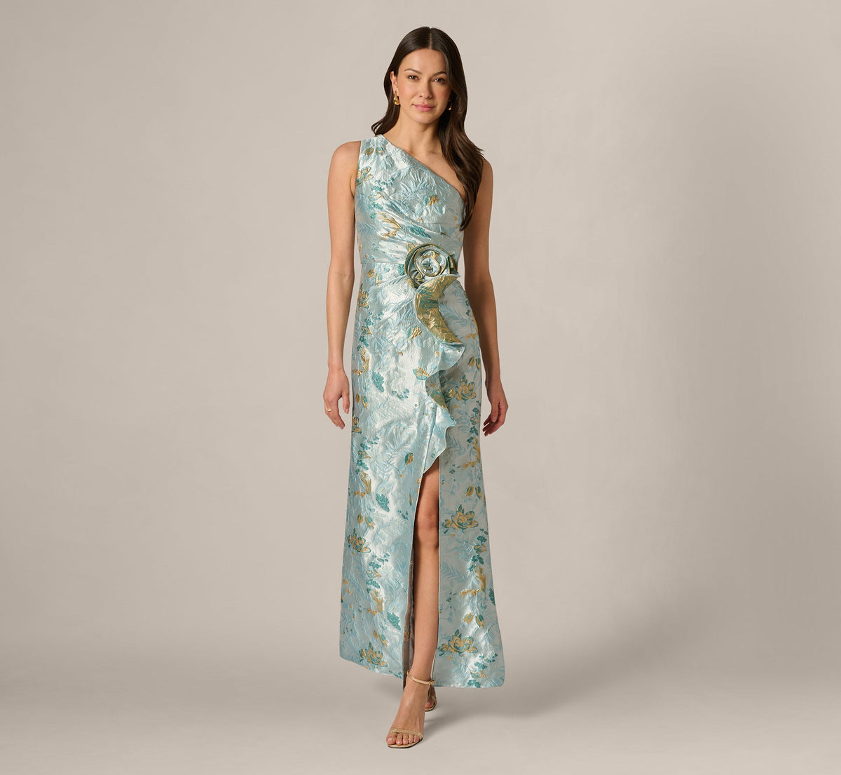 One Shoulder Floral Jacquard Rosette Gown - Blue Multi | Adrianna Papell