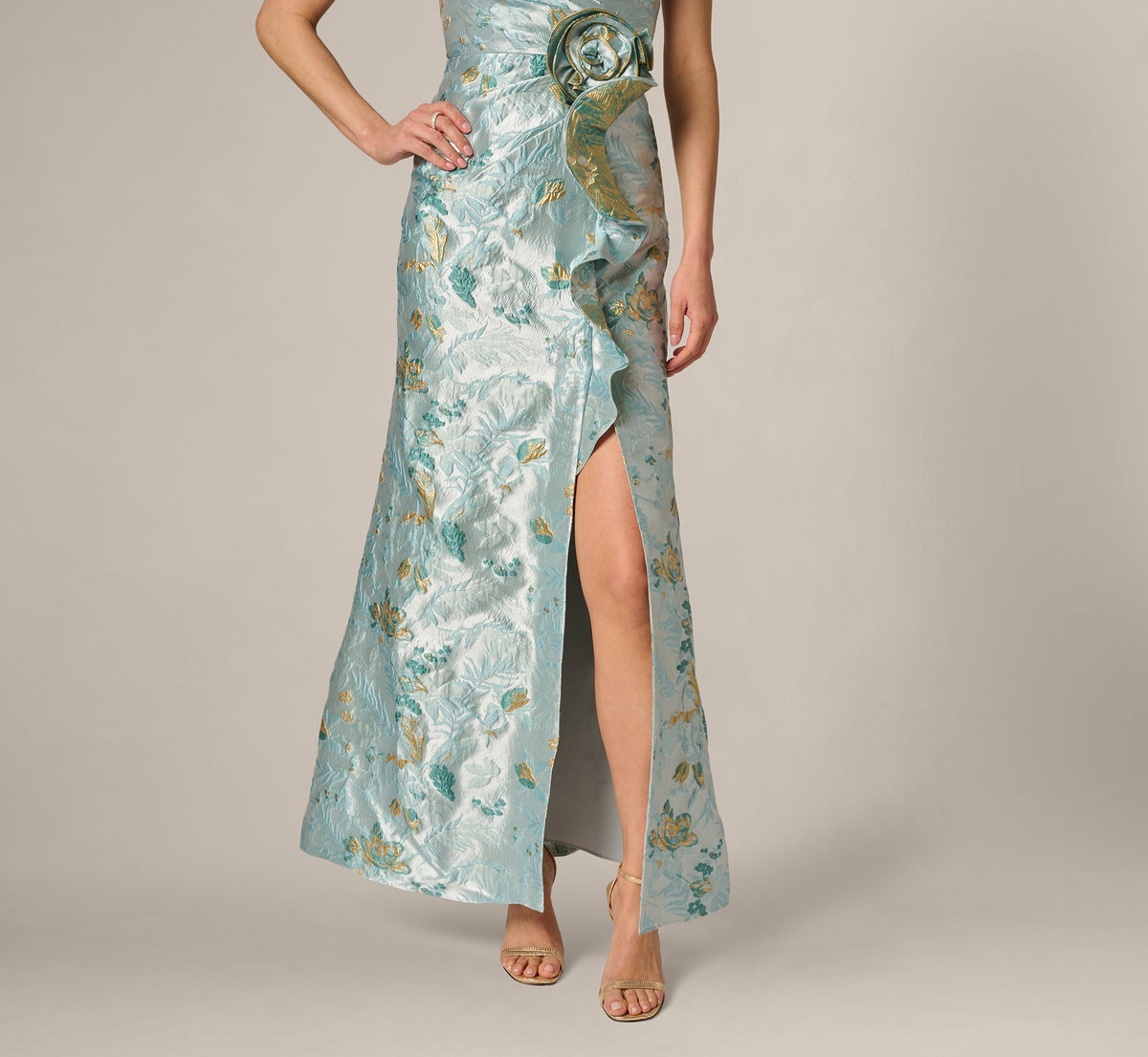 One Shoulder Floral Jacquard Rosette Gown - Blue Multi | Adrianna Papell