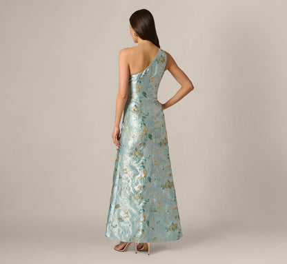One Shoulder Floral Jacquard Rosette Gown - Blue Multi | Adrianna Papell