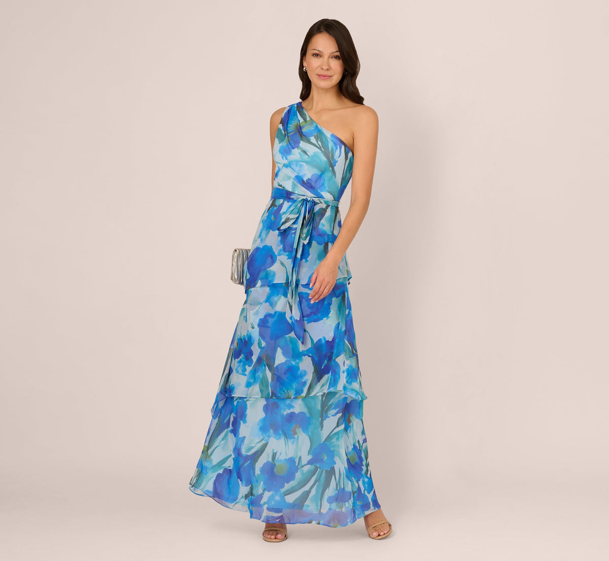 One Shoulder Tiered Floral Chiffon Gown - Blue Multi | Adrianna Papell
